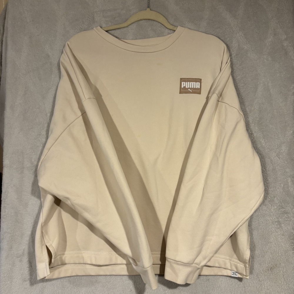 Puma Sweatshirt womens  Beige‎ Crewneck Pullover Logo Patch Casual Streetwear
